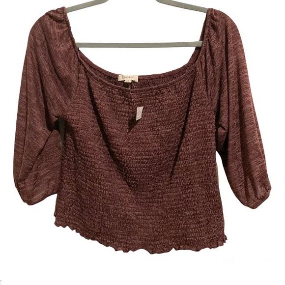 Hacci Smocked Square Neck Crop Top Blouse Wine Burgundy XL 2X 3X - Picture 5 of 15
